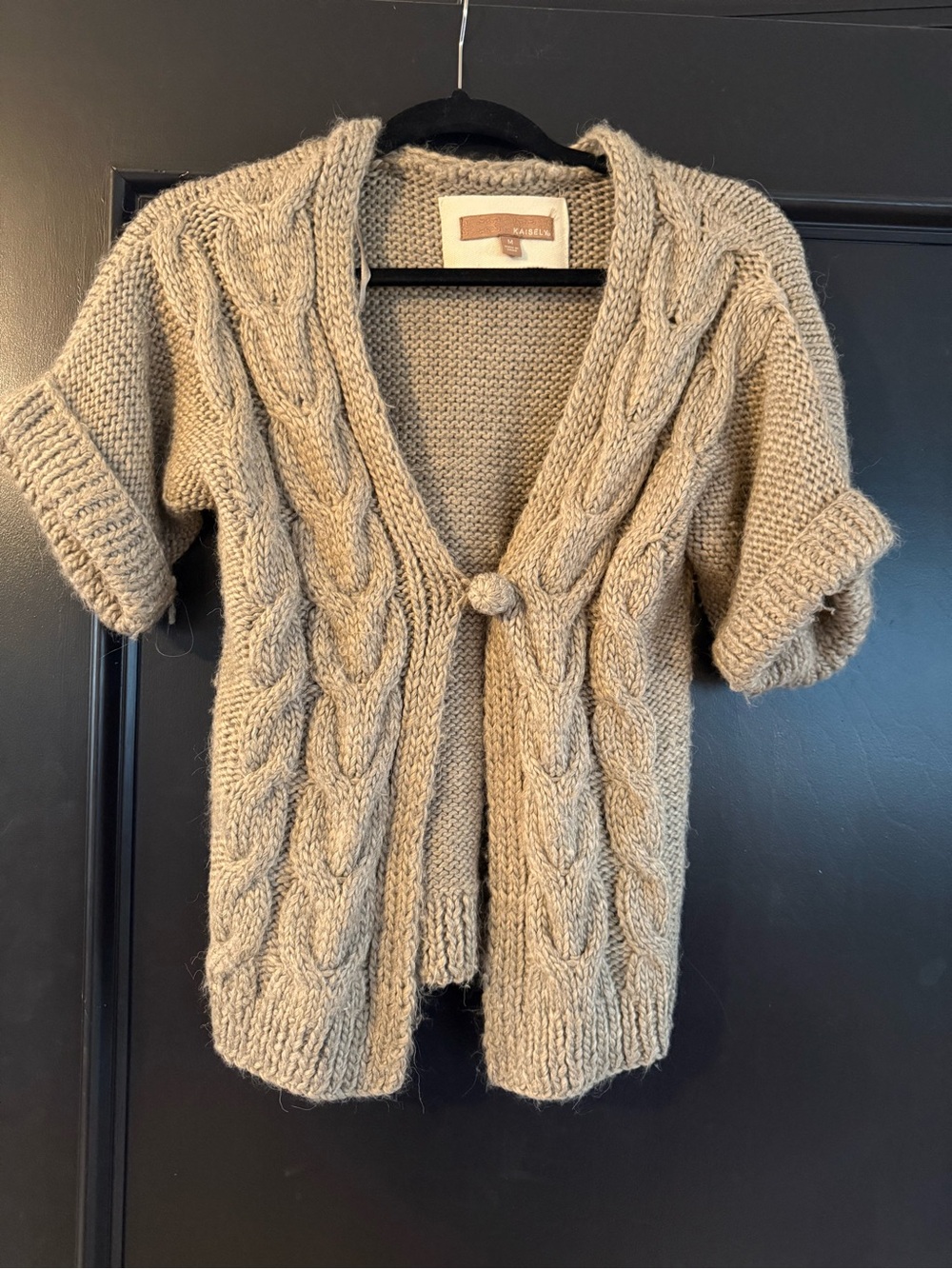 Kaisely Beige Cable-Knit Short Sleeve Cardigan with Front Knot